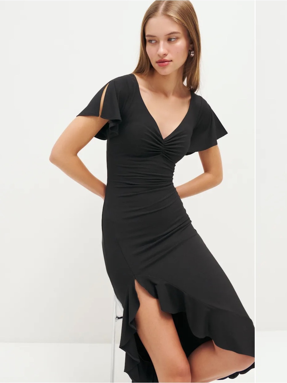 Reformation Black High-Low Ruffle V‑Neck Dress